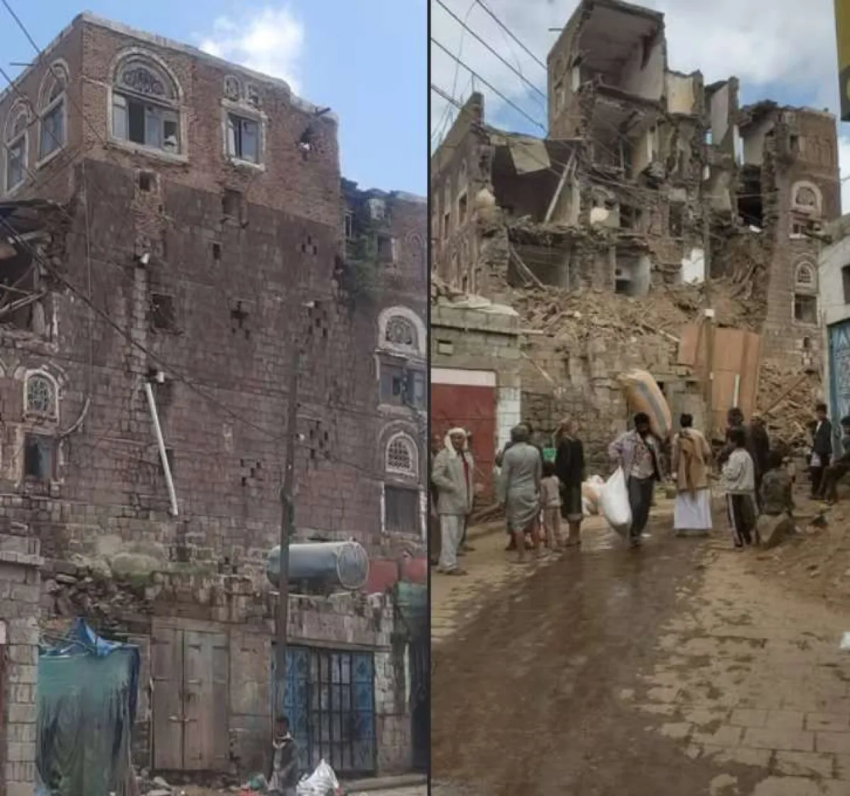 انهيار واجهة مبنى تاريخي في يريم جراء إهمال سلطات الحوثي وتضرر محال مجاورة