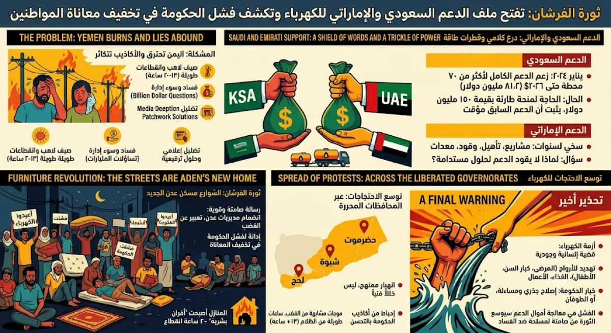 "ثورة الفرشان" تفتح ملف الدعم السعودي والاماراتي للكهرباء وتكشف فشل الحكومة في تخفيف معاناة المواطنين
