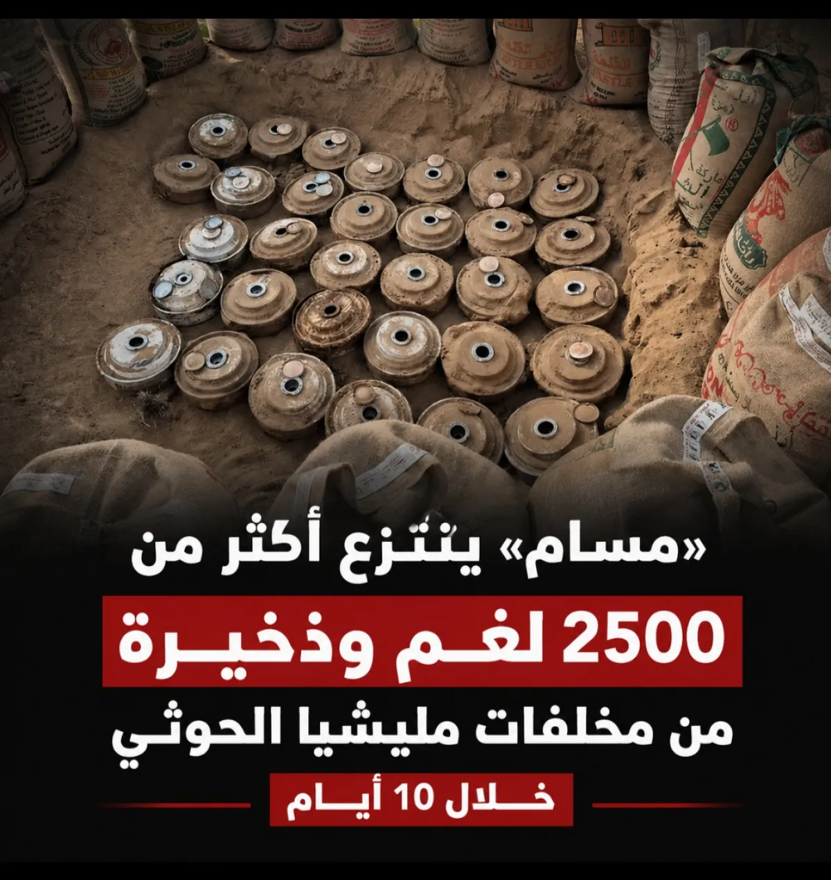 «مسام» ينتزع أكثر من 2500 لغم وذخيرة من مخلفات مليشيا الحوثي خلال 10 أيام